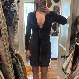 LPA Black Bodycon Mini Dress with Long Sleeves and Plunge Neckline